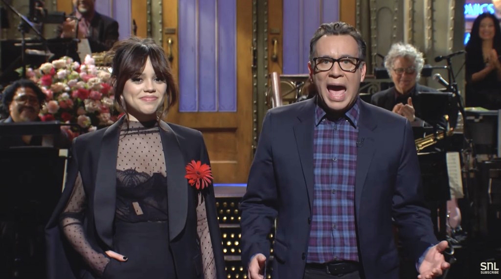 Jenna Ortega Reunited With ‘Wednesday’ Co-Star Fred Armisen For Her Not-At-All-Gloomy ‘SNL’ Monologue