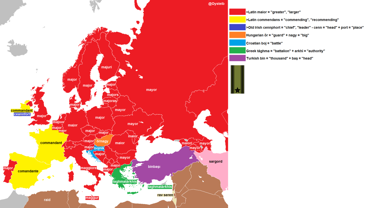 The word for ‘major’ (military rank) in European…