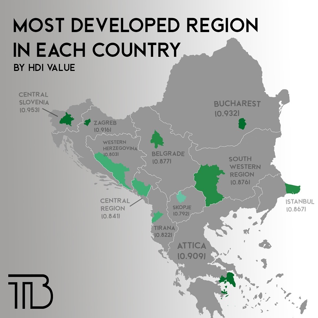 Most developed region of each Balkan country.by try.balkan